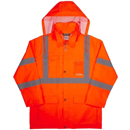 Ergodyne Hi-Vis Rain Jacket, Polyurethane, 150D Oxford Polyester, Class 3 Type R, Orange, XL 8366